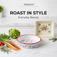 Plat de cuisson émaillé floral en gros, personnalisable avec logo OEM, plat à rôtir avec poignées, plaque de four pour légumes, lasagnes et casseroles