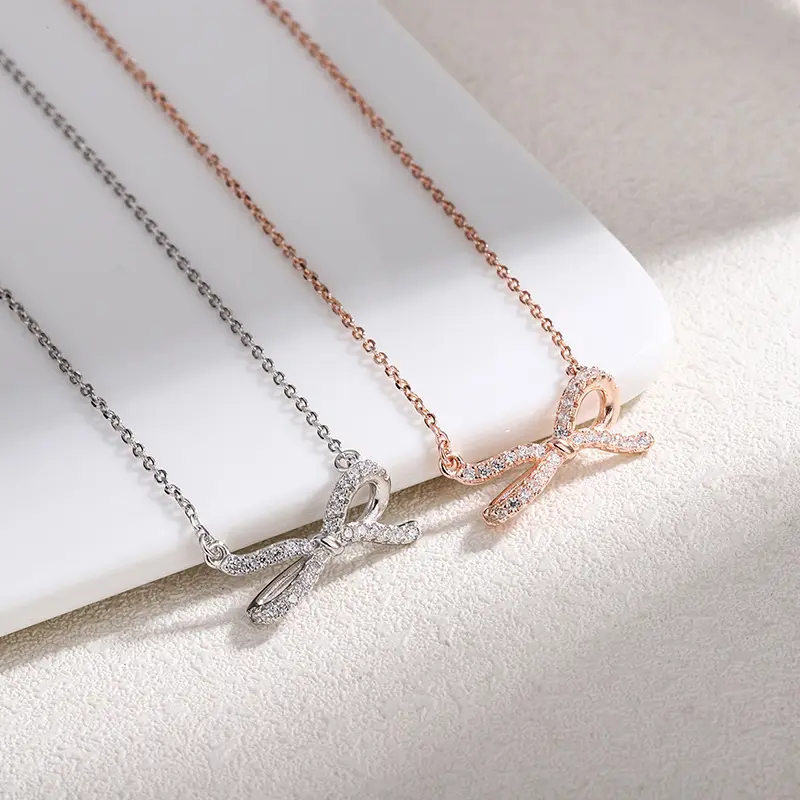 Bán Buôn Bow Knot Khảm Cubic Zircon Mặt Dây Chuyền Vòng Cổ Valentine Của Món Quà Ngày Đa Năng 925 Sterling Bạc Vòng Cổ Cho Cô Gái