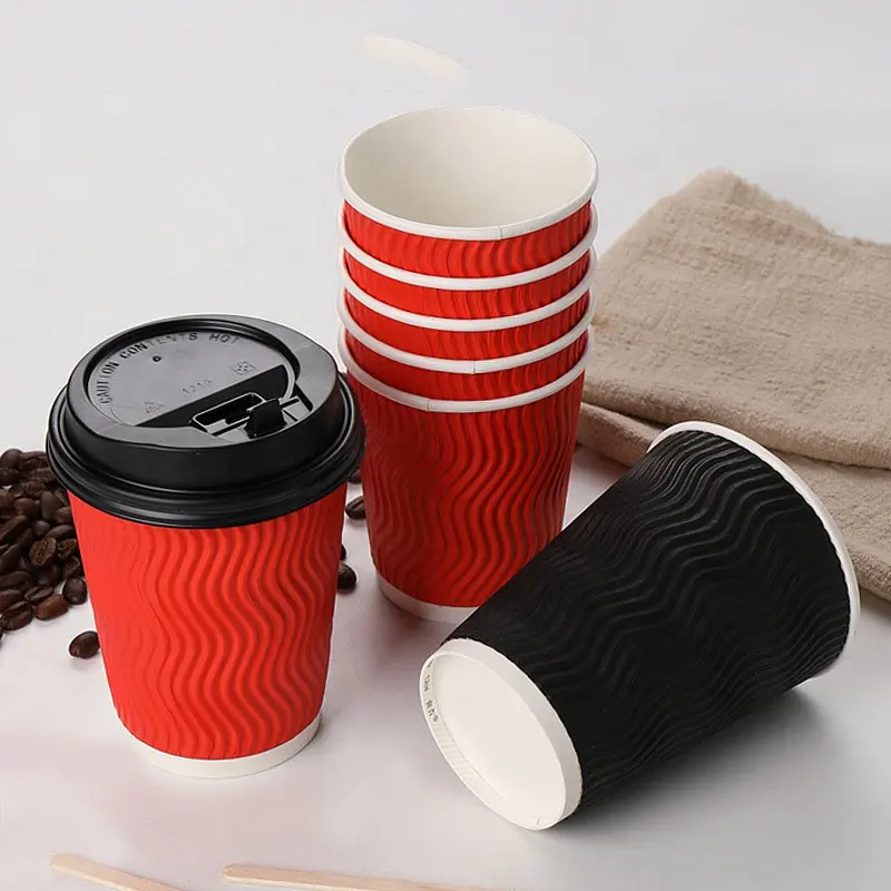 Tasse à café en papier jetable ondulation de couleur rouge Kingwin avec couvercle