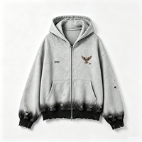 Hoodie Zip Up Heavyweight Pria, Jaket Katun Distressed Bordir Elang Gradasi Sun Faded, Vintage Wash Streetwear Grosir