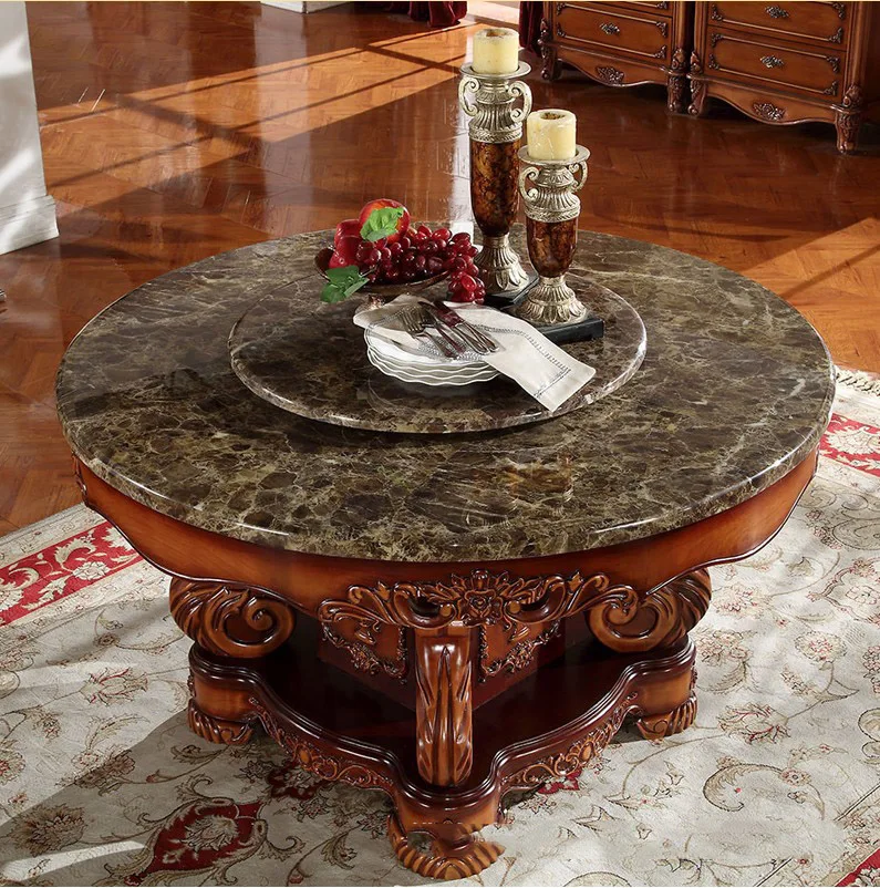 Antique Style Italian Dining Table, 100% Solid Wood Italy Style Luxury round Dining Table Set genuine leather d1426