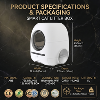 OEM Bac à litière pour chat rond en ABS, 72L, électrique, intelligent, autonettoyant rapide, désodorisant, grande capacité, avec contrôle à distance par application