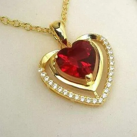 18K Yellow Gold Women Jewelry Heart Shaped Pendant Zircon Crystal Diamond Luxury Ruby Red Heart Pendant Necklace