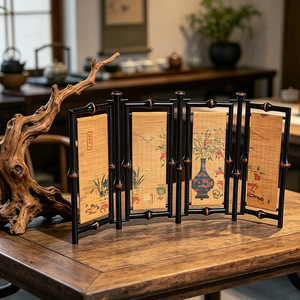 Bamboo Folding Screen 4 Panels Traditional Design Desktop Ornament Decorative Partition - Product Image 4