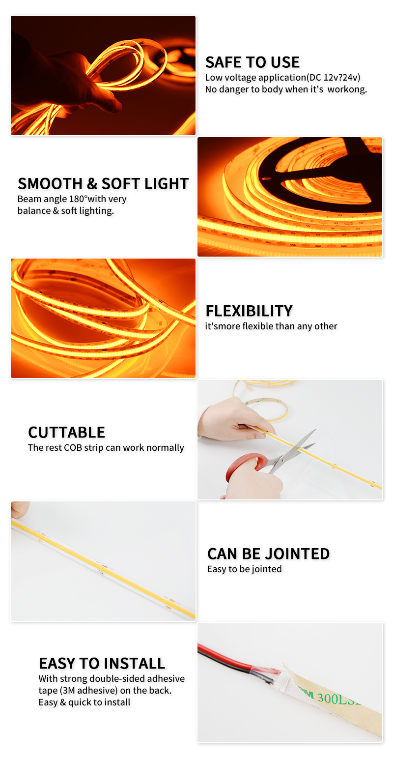 Dv24v 420leds/m 12w/m Orange Cob Led Strip Flexible COB LED Strip Light