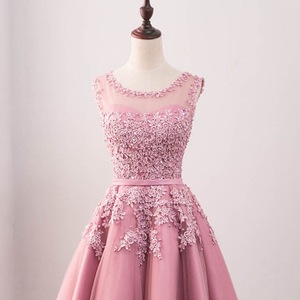 Women's Pink Tulle Cocktail Dress O-Neck A-Line Floral Embroidery Fitted For Banquet Birthday Party Graduation - Product Image 4