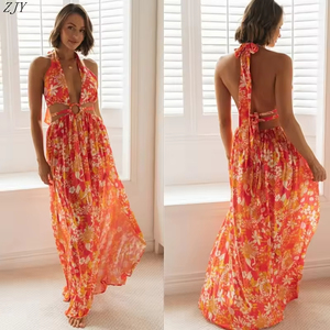 Women's Vintage <strong>Floral</strong> Maxi Dress Bohemian High Split Sling Casual Sexy Style Natural Breathable Fabric Summer Beach Wear - Product Image 4