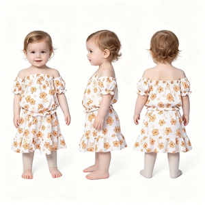A26-3 Casual 3-7 Day OEM/ODM Custom Print Organic Cotton Short Sleeve <b>off</b> <b>the</b> <b>Shoulder</b> <b>Top</b> and Dress Baby Set - Product Image 4