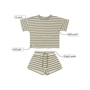 Ivy83539A Conjunto de Ropa de Verano 2022 Estilo Nórdico para Bebés, Niñas y Niños, Cuello Redondo, Manga Corta, Diseño Waffle, Traje a Rayas para Niños Pequeños - Product Image 3