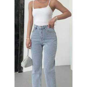 Jeans Mom Fit ornés pour femmes, taille XL, respirants, coupe bootcut, ample, droit, imprimé, denim, pantalon ample, style boyfriend - Product Image 2