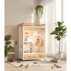 Villa pour chat moderne de luxe en bois et verre, mobilier multifonctionnel avec porte en verre trempé pour salon, repos et jeu - Product Image 5