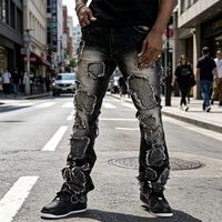 Jean pour homme brodé sur mesure, style streetwear, design déchiré, pantalon évasé superposé, denim uni délavé, hip-hop