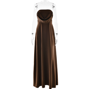 Vestido de Noche Largo Elegante de Satén sin Tirantes, Color Sólido, Espalda Descubierta, Cintura Imperio, Estilo Casual - Product Image 5