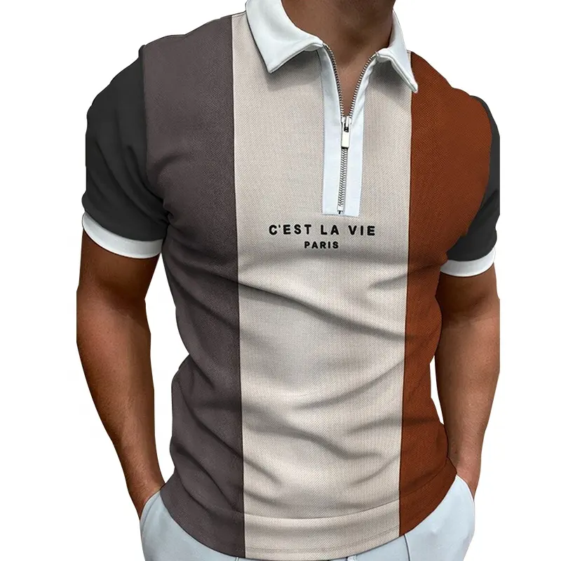 Custom OEM Logo Summer Zipper Checkered Polo Shirt Color Block Men's T-shirt Top For Men