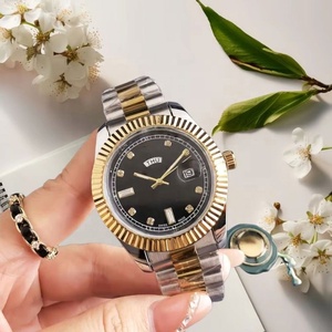 Montre pour femme en acier inoxydable bicolore or, cadran diamanté, affichage de la date et du jour, montre-bracelet de luxe tendance - Product Image 3