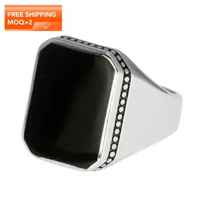 Real Solid 925 Sterling Silver Ring Simple For Men With Black Square Flat Gel Stone High Polishing Middle East Turkish Jewelry