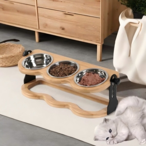 Cuencos para mascotas de acero inoxidable ecológicos simples y modernos con soporte de bambú pies antideslizantes para Gatos Perros decoración del hogar - Product Image 1