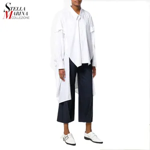 卸売 ロングシュミーズ白-New 2019 Korean Style Long Sleeve Solid Black White Asymmetrical Blouse Shirt Ladies Zippers Feminine Shirtシュミーズファム