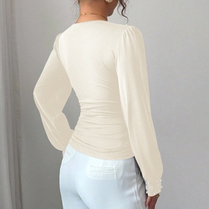 Nouveau T-shirt ajusté à manches longues pour femme, col en V, orné de perles, couleur unie, tendance - Product Image 4