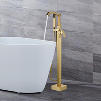 Robinet de baignoire à cascade autoportant en laiton noir pour salle de bain, robinet de baignoire à poignée unique à montage au sol avec douchette