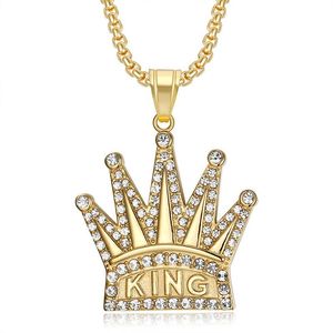 yunnique <b>King</b> <b>Crown</b> Pendant Necklace Gold Plated Stainless Steel Pave Setting Rhinestones Men's Fashion Jewelry Gift - Product Image 1