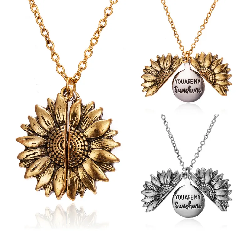 Wholesale Antique Gold Silver Open Locket You Are My Sunshine Sunflower Pendant Necklace For Women