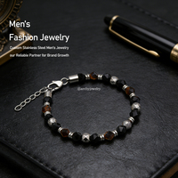 Bracelet tendance en agate noire facettée pour homme avec chaîne et fermoirs réglables en acier inoxydable