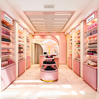 Sweet Luxe Makeup Boutique avec étagères ouvertes superposées personnalisées et stand d'affichage central rotatif éclairé parLED