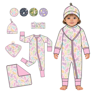 Ropa de Bebé de Tela de Bambú con Estampado Personalizado al por Mayor, Pijamas para Niñas Pequeñas con Cierre de Cremallera de 2 Vías - Product Image 1