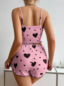 Indumenti da notte per la casa da donna con stampa a cuore, canotta senza spalline + Shorts Set per dormire 2 pezzi, abbigliamento per il tempo libero da bambina - Product Image 6