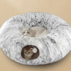 2024 Hot selling Longer Crinkle Collapsible comfortable Winter Fluffy Plush Cat Dog Tunnel Bed with Washable Cushion-Big Tube