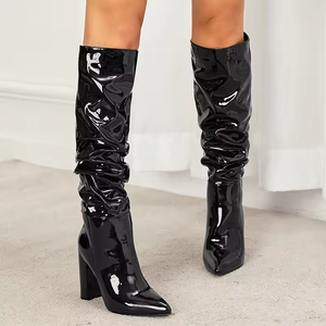 Bottes sexy en cuir verni pointues, à talon aiguille, au-dessus du genou, pour femmes, en cuir PU brillant, de haute qualité – Grande Vente - Product Image 5