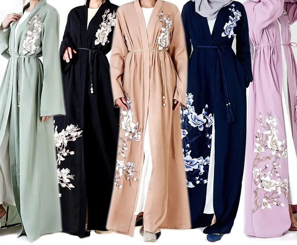 Thiết Kế Mới Phụ Nữ Casual Dresses Tay Đen Thêu Cardigan Abaya Cho Hồi Giáo Hijab Quần Áo Hồi Giáo