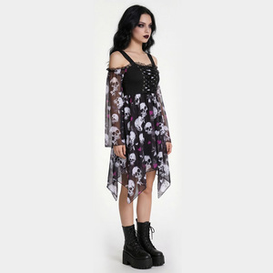 Robe mini gothique à épaules dénudées avec crâne, asymétrique en organza, taille naturelle, pour Halloween ou soirée en club - Product Image 2