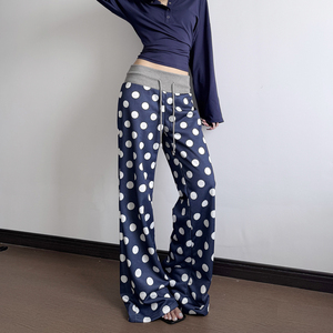 Pantalones Largos Rectos para Mujer con Bloques de Color y Estampado de Puntos, Cintura Elástica con Cordón, Ajuste Regular, Casuales y Relajados, 100% Algodón - Product Image 5