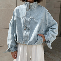 Veste en jean courte pour femme, style européen et américain, personnalisée, délavée, col montant, boutonnée et zippée, manches longues, coupe ample et respirante