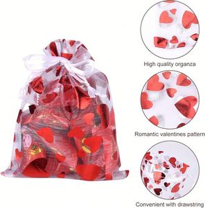 Sacs en organza rouge avec imprimé cœur, pochette cadeau 8x10cm, sac en maille à cordon pour la fête des mères, ornement de Noël - Product Image 3