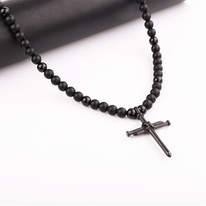 Colar de Rosário de Pedra de Olho de Tigre Matte de 8mm de Alta Qualidade com Cruz de Aço Inoxidável Ajustável Colar Longo de Jesus para Homens - Product Image 4