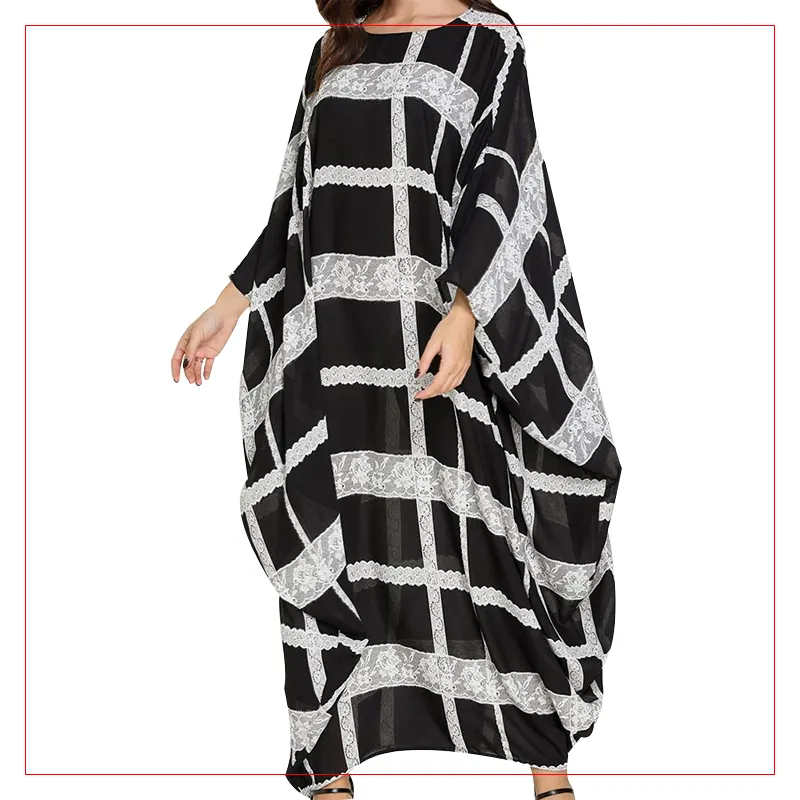 Grote Vrouwen Mode En Comfort Vleermuis Lange Mouw Kant Plaid Casual Kaftan Jurk