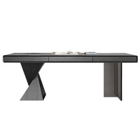 Bureau de direction ergonomique moderne et minimaliste avec plateau incurvé en acrylique et pieds en bois géométriques, table d'étude écologique avec rangement