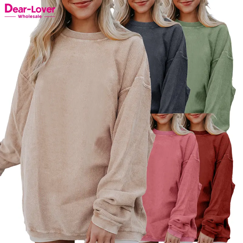 Dear-Lover Großhandel Drops hipping Blank Plain Acid Wash Hochwertige Corded Crew Neck Rundhals ausschnitt Übergroße Sweatshirt Frauen