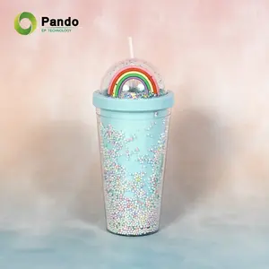 प्लास्टिक की प्यारी इंद्रधनुष डिजाइन बर्फ क्रीम डबल दीवार ठंडे कप लड़कियों को ढक्कन और पुआल के साथ गर्मियों के लिए