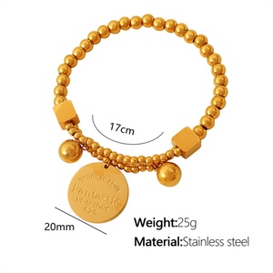 Bracelets en acier inoxydable personnalisés délicats, pendentif rond doré, chaîne à perles élastique - Product Image 6