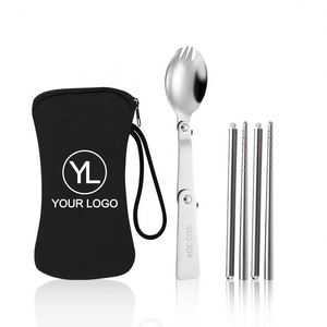 Custom Logo <b>Reusable</b> Travel Cutlery Set Folding Spork Detachable <b>Chopsticks</b> Zipper Pouch for Promotional Activities - Product Image 1