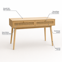 Table console de salon à double tiroir en bois de chêne avec pieds en bois massif