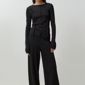 Camisas de Manga Larga Cómodas con Cuello Redondo y Costuras en Contraste de Punto para Mujer, Primavera, Otoño e Invierno 2025 - Product Image 1