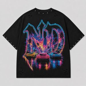 Camiseta Oversize de Algodón Grueso OEM con Estampado Gráfico Neon City, Camiseta Streetwear con Pedrería, Logotipo Personalizado, Camiseta de Hombre de Alta Calidad - Product Image 2