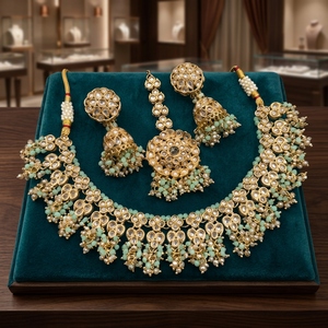 Indian Traditional Pearl Kundan Necklace <b>Set</b> Antique Gold Plated Bridal Choker Necklace with Jhumka Earrings and Maang Tikka <b>Set</b> - Product Image 2