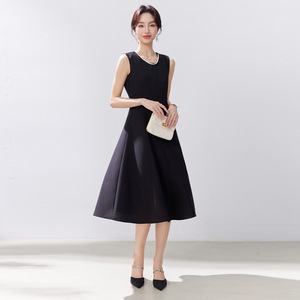 Black French Style Sleeveless Vest Dress A Line Midi Length O Neck Solid Color Simple Anti Wrinkle Daily Wear Plus Size Women's - Product Image 1