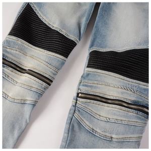 Slim Fit <b>Jeans</b> Blue Tears Denim Pants <b>for</b> <b>Men</b> Patchwork <b>Leather</b> Side Zipper Ripped Streetwear Pencil Pants <b>Men's</b> Pants Trousers - Product Image 3